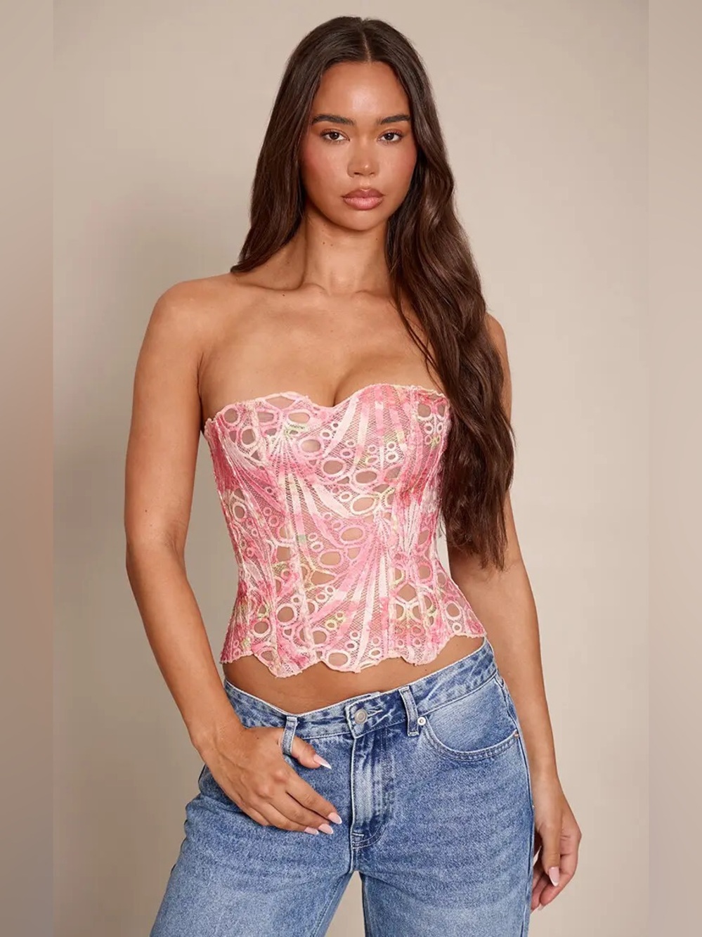 Pretty Little Thing PINK TEXTURED SHEER FLORAL LACE CORSET